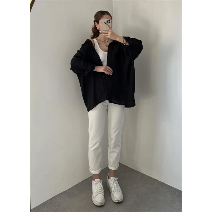 Siyah Oversize Tensel Gömlek