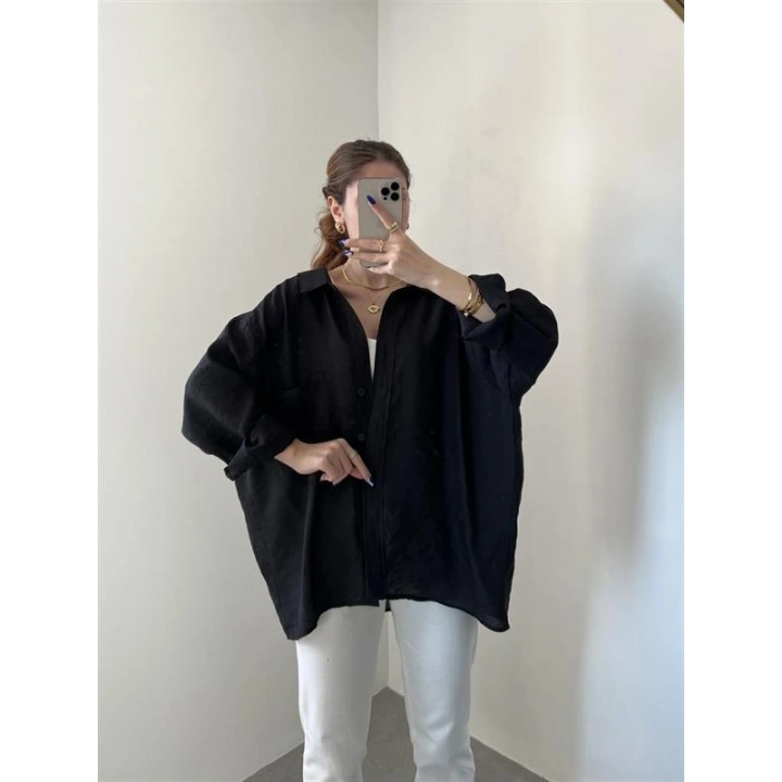 Siyah Oversize Tensel Gömlek