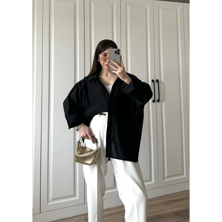 Siyah Oversize Tensel Gömlek