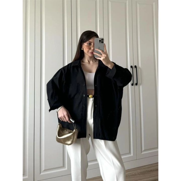 Siyah Oversize Tensel Gömlek