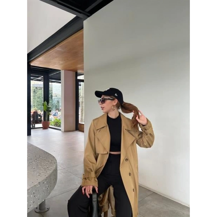 Stradi Model Camel Astarlı Uzun Trençkot
