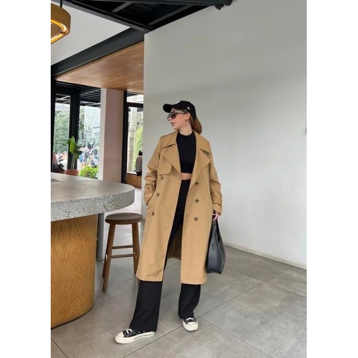 Stradi Model Camel Astarlı Uzun Trençkot