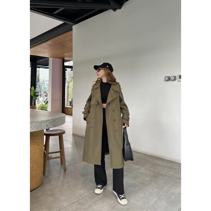 Stradi Model Haki Astarlı Uzun Trençkot