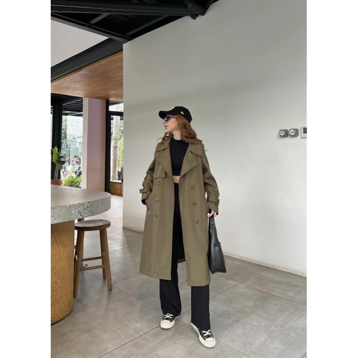 Stradi Model Haki Astarlı Uzun Trençkot