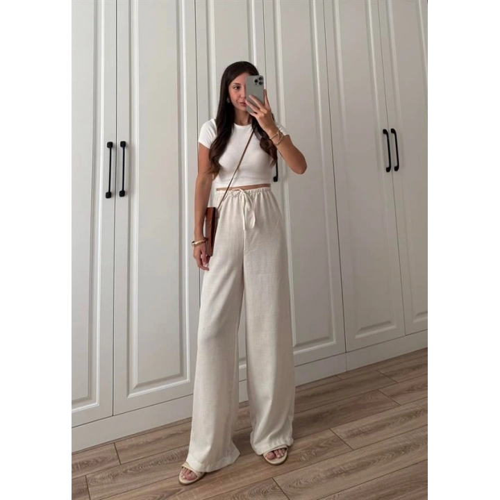 Stradi Model Keten Beyaz Palazzo Pantolon