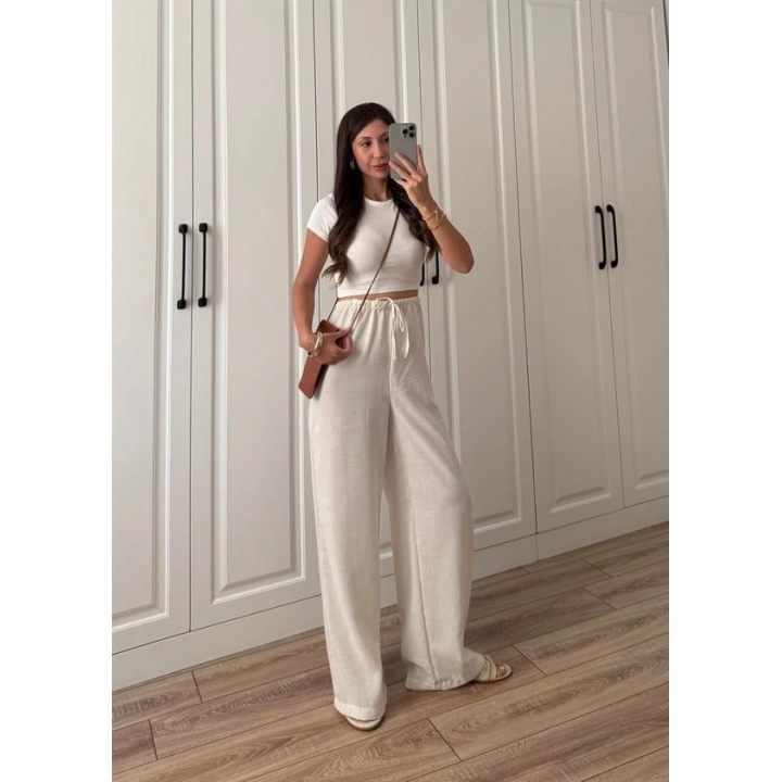 Stradi Model Keten Beyaz Palazzo Pantolon