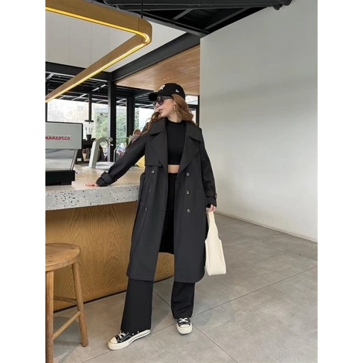 Stradi Model Siyah Astarlı Uzun Trençkot