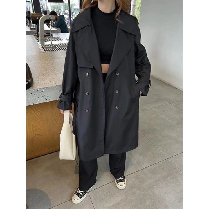 Stradi Model Siyah Astarlı Uzun Trençkot