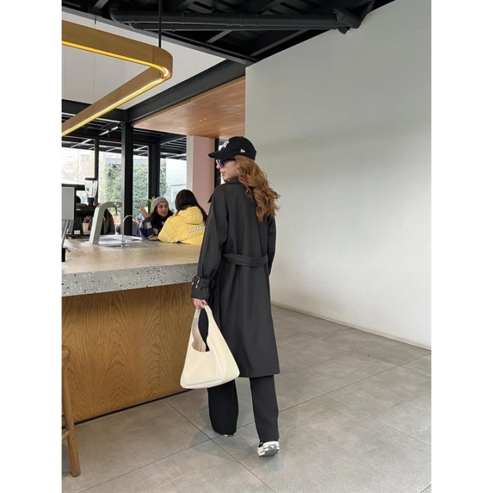 Stradi Model Siyah Astarlı Uzun Trençkot