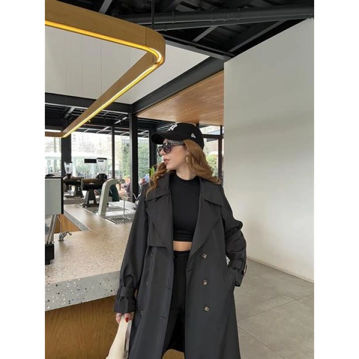 Stradi Model Siyah Astarlı Uzun Trençkot