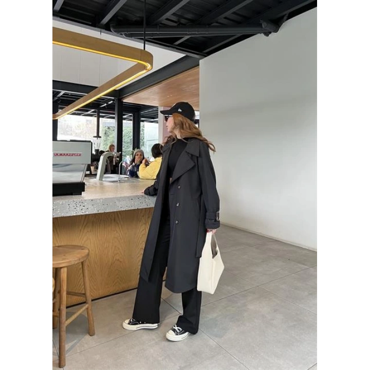 Stradi Model Siyah Astarlı Uzun Trençkot