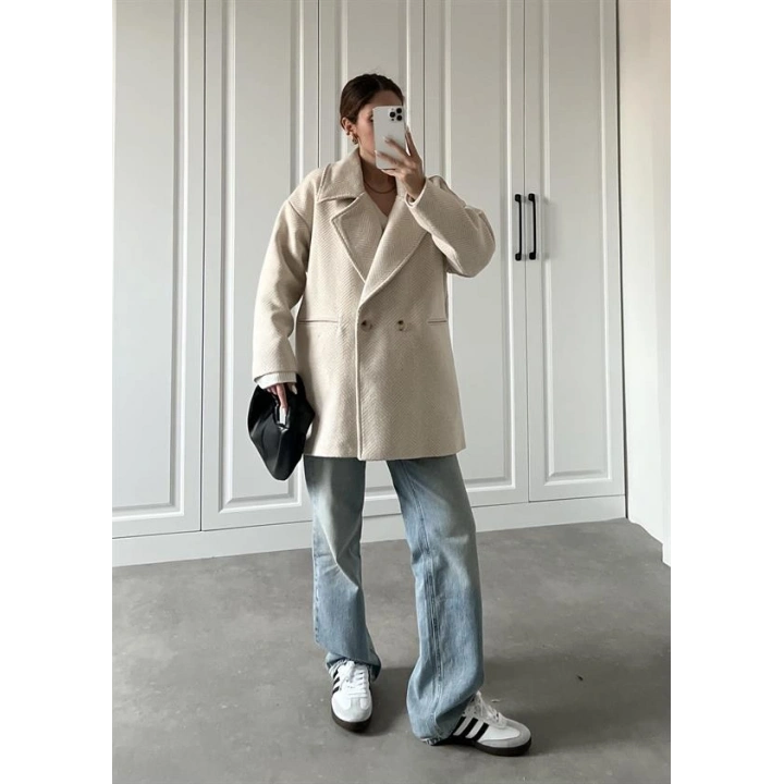 Taş Balıksırtı Desenli Kaşe Kaban