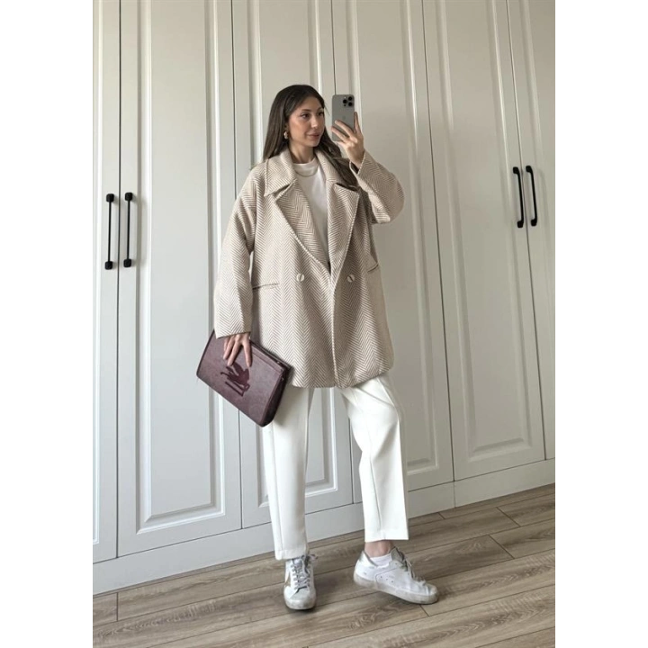 Taş Balıksırtı Desenli Kaşe Kaban