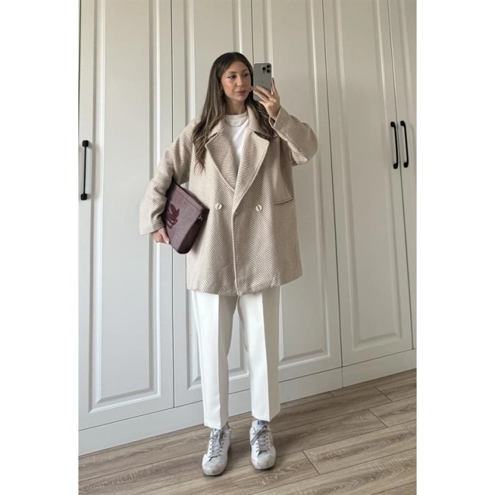 Taş Balıksırtı Desenli Kaşe Kaban