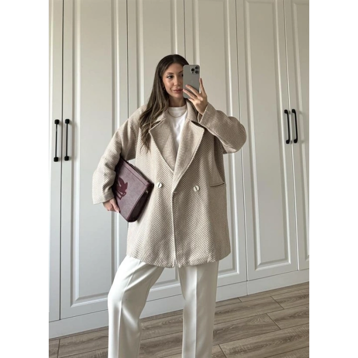 Taş Balıksırtı Desenli Kaşe Kaban