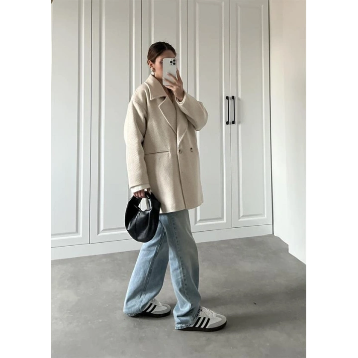 Taş Balıksırtı Desenli Kaşe Kaban