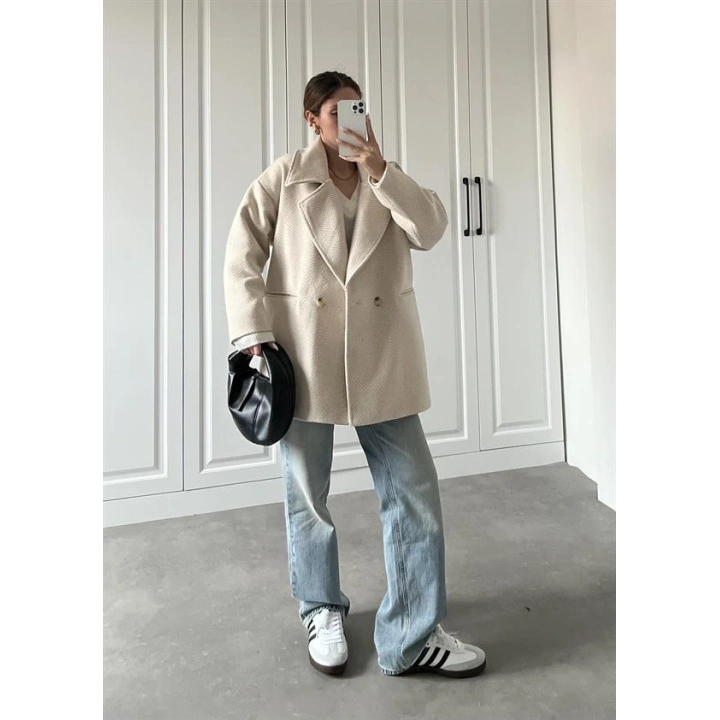 Taş Balıksırtı Desenli Kaşe Kaban