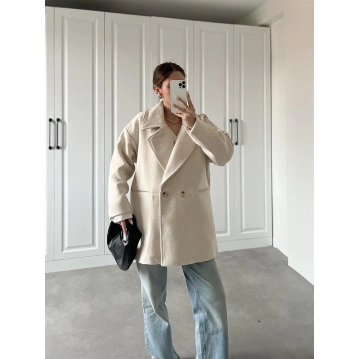 Taş Balıksırtı Desenli Kaşe Kaban