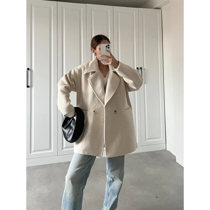 Taş Balıksırtı Desenli Kaşe Kaban