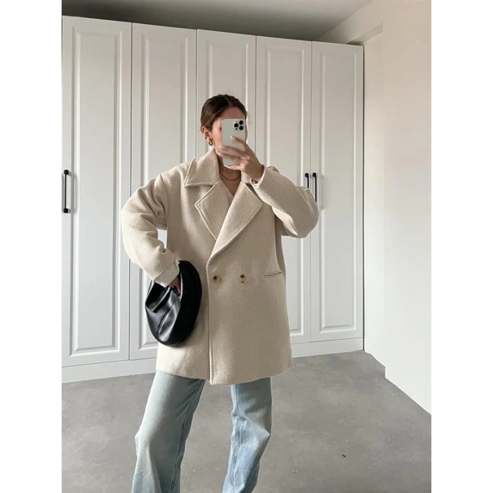 Taş Balıksırtı Desenli Kaşe Kaban