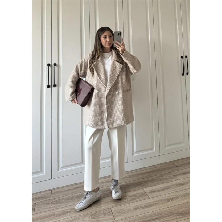 Taş Balıksırtı Desenli Kaşe Kaban