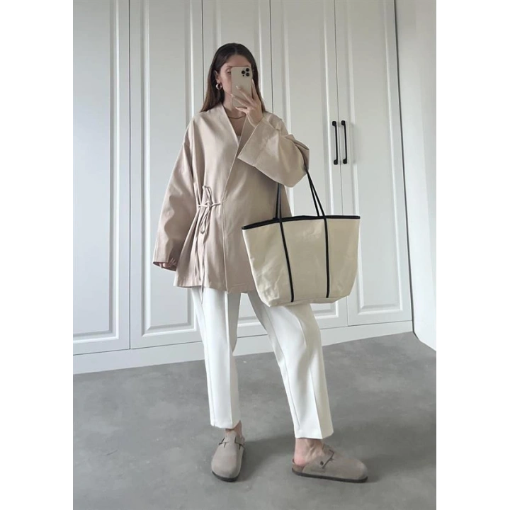 Taş Yandan Bağlamalı Gabardin Kimono Ceket