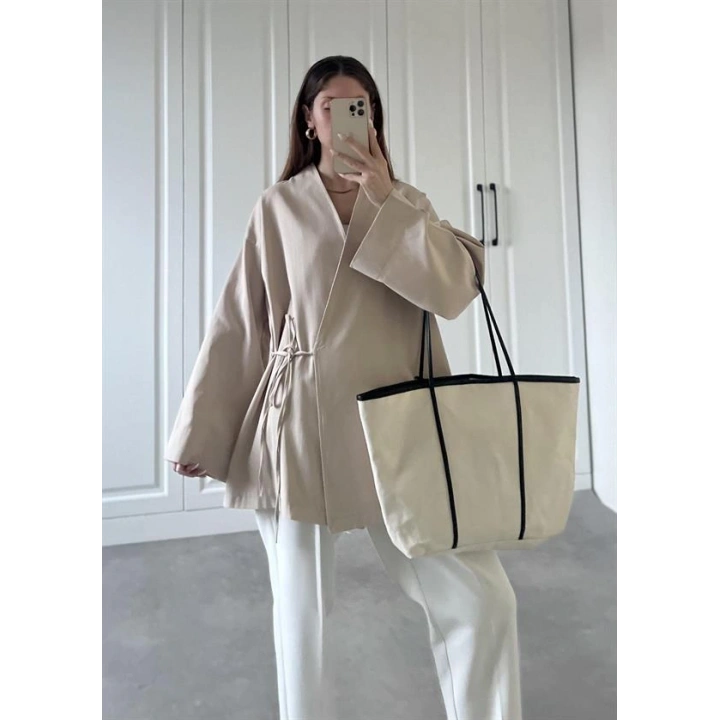 Taş Yandan Bağlamalı Gabardin Kimono Ceket