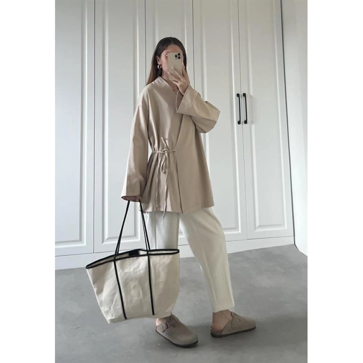 Taş Yandan Bağlamalı Gabardin Kimono Ceket