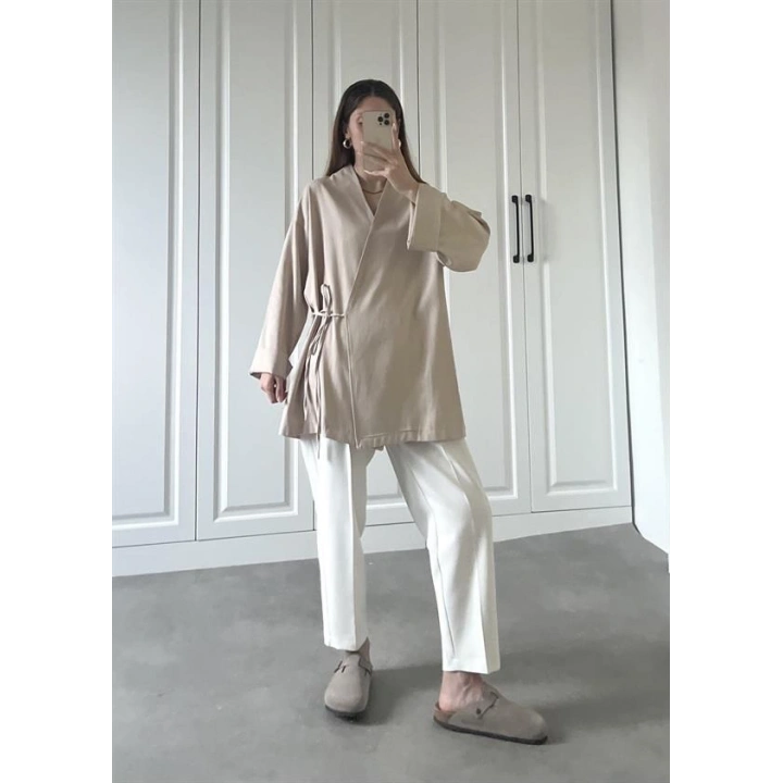 Taş Yandan Bağlamalı Gabardin Kimono Ceket