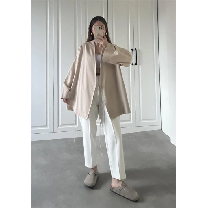 Taş Yandan Bağlamalı Gabardin Kimono Ceket