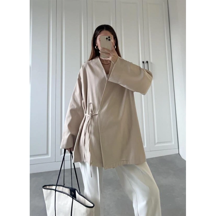Taş Yandan Bağlamalı Gabardin Kimono Ceket