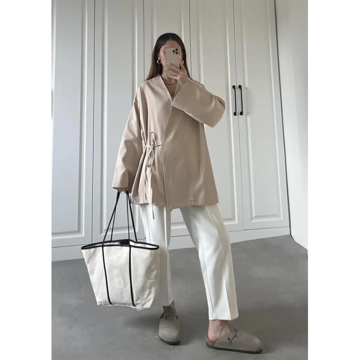 Taş Yandan Bağlamalı Gabardin Kimono Ceket