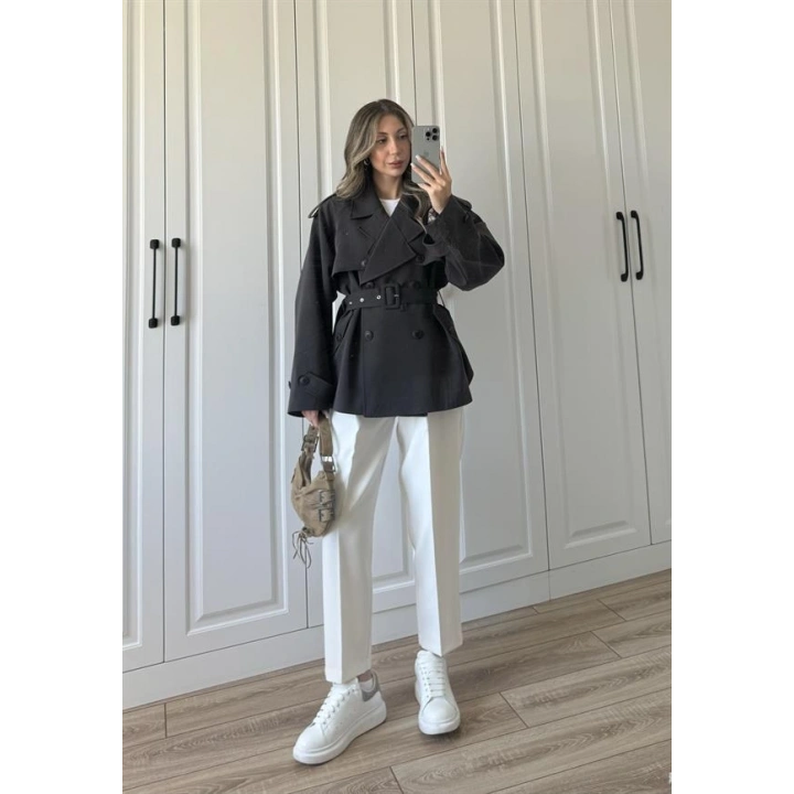 Tasarım Ara Yakalı Kuşaklı Acı Kahve Trenç