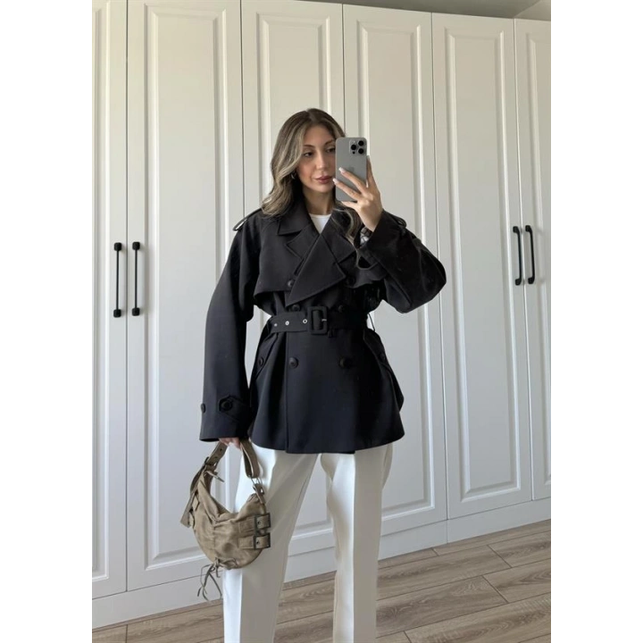 Tasarım Ara Yakalı Kuşaklı Acı Kahve Trenç