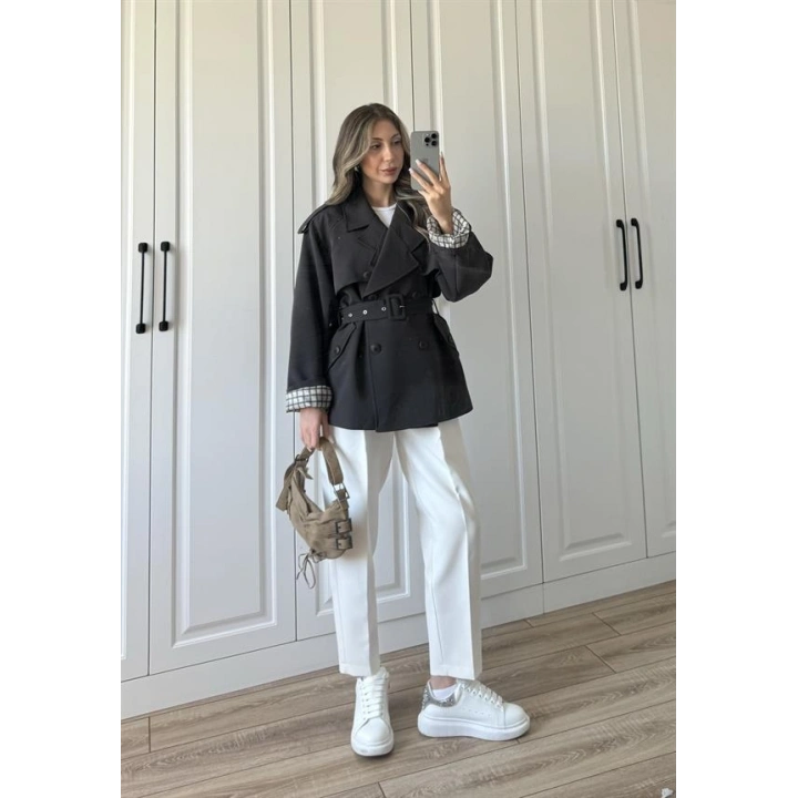 Tasarım Ara Yakalı Kuşaklı Acı Kahve Trenç