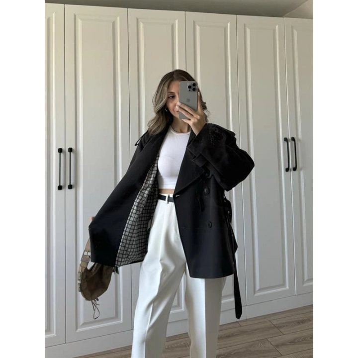 Tasarım Ara Yakalı Kuşaklı Acı Kahve Trenç