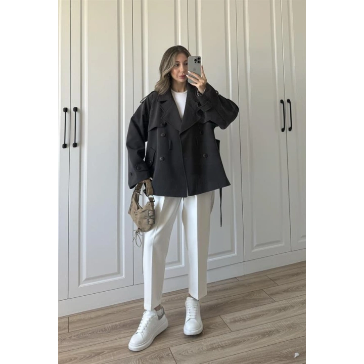 Tasarım Ara Yakalı Kuşaklı Acı Kahve Trenç