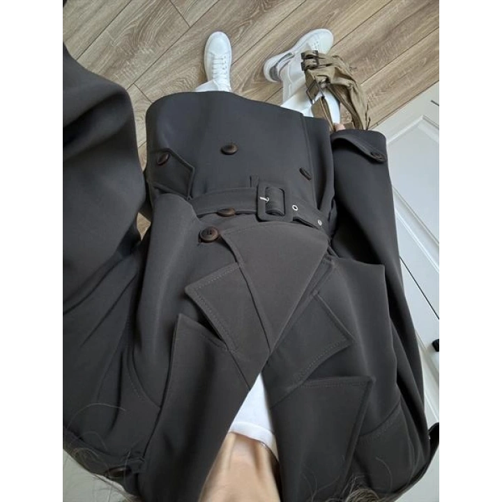 Tasarım Ara Yakalı Kuşaklı Acı Kahve Trenç