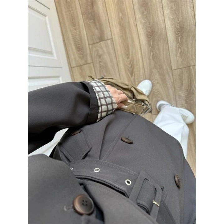 Tasarım Ara Yakalı Kuşaklı Acı Kahve Trenç