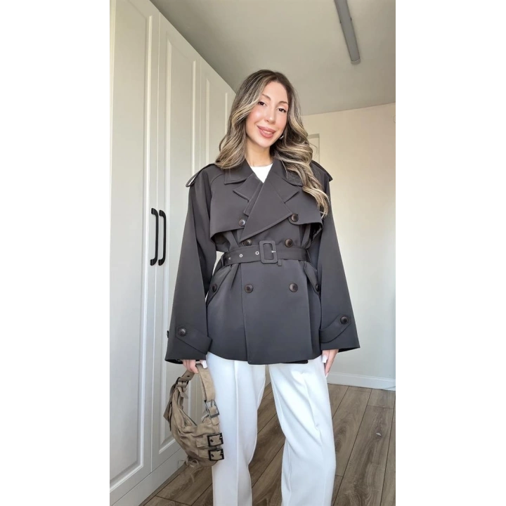 Tasarım Ara Yakalı Kuşaklı Acı Kahve Trenç