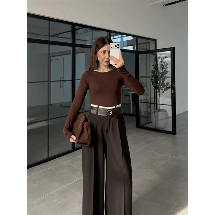Tasarım Kemerli Vera Acı Kahve Palazzo Pantolon