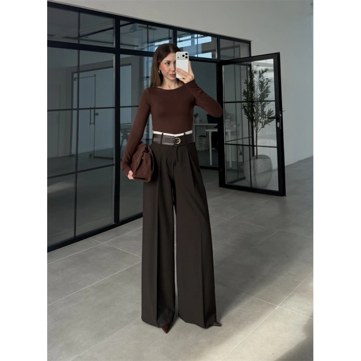 Tasarım Kemerli Vera Acı Kahve Palazzo Pantolon