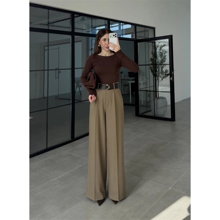 Tasarım Kemerli Vera Karamel Palazzo Pantolon