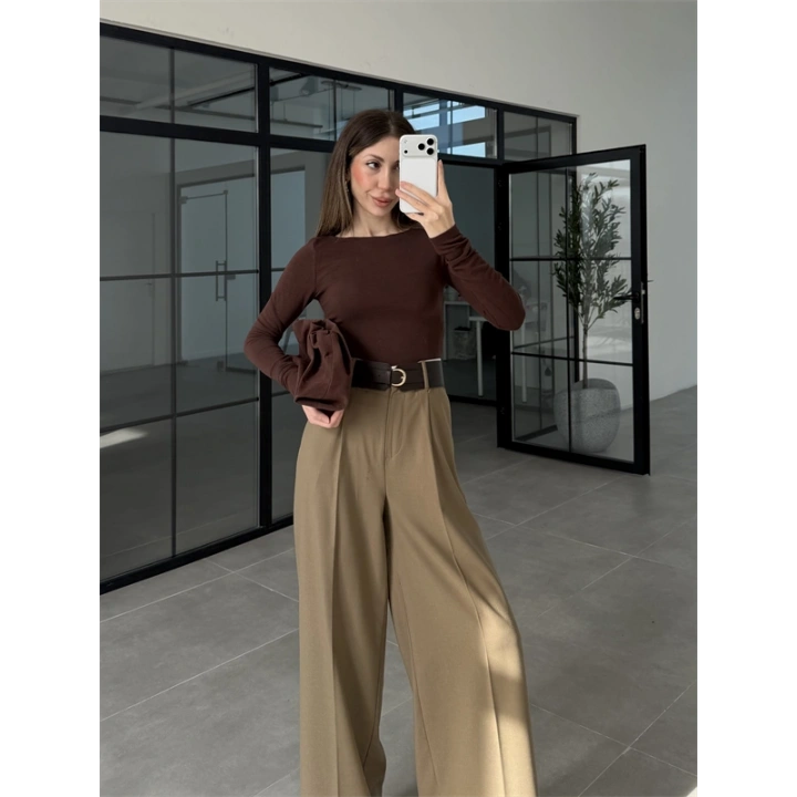 Tasarım Kemerli Vera Karamel Palazzo Pantolon