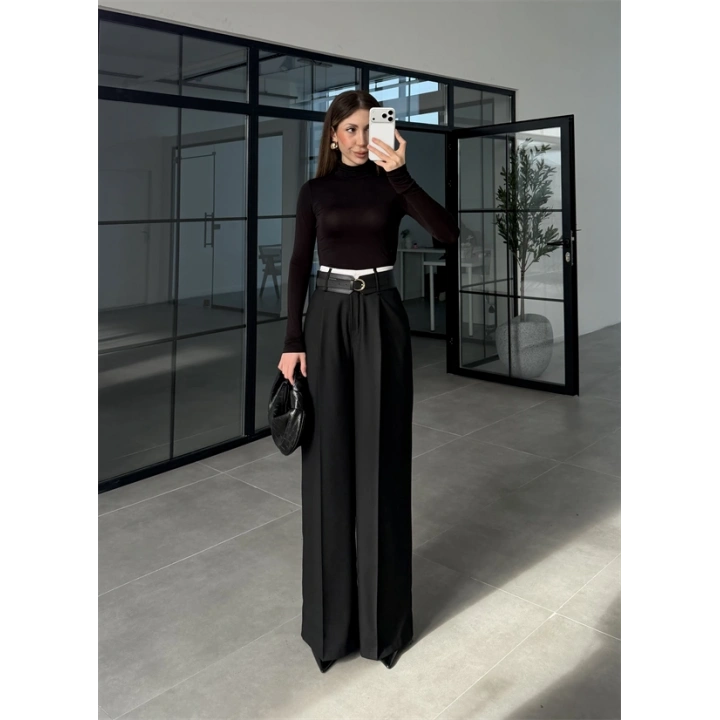 Tasarım Kemerli Vera Siyah Palazzo Pantolon