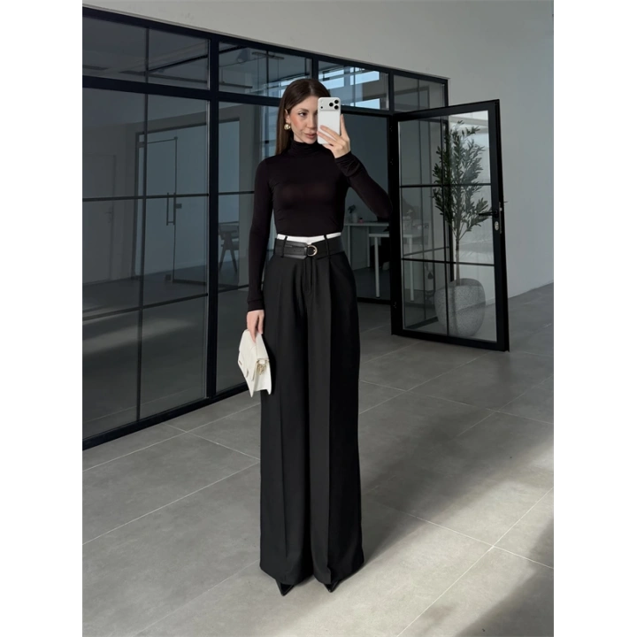 Tasarım Kemerli Vera Siyah Palazzo Pantolon