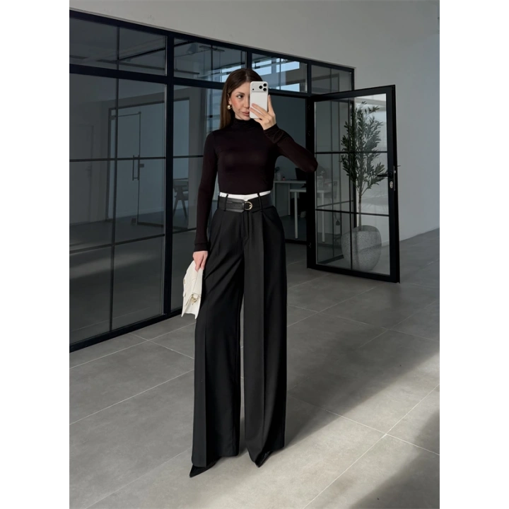 Tasarım Kemerli Vera Siyah Palazzo Pantolon