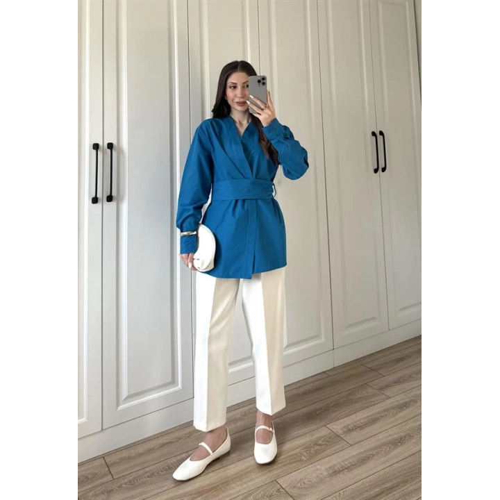 Tasarım Kuşaklı Petrol Mavi Kimono Gömlek