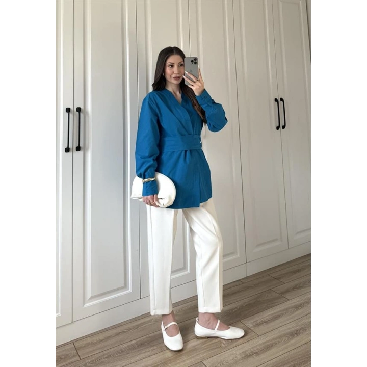 Tasarım Kuşaklı Petrol Mavi Kimono Gömlek