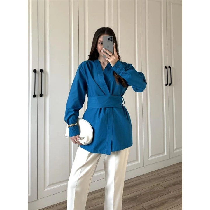 Tasarım Kuşaklı Petrol Mavi Kimono Gömlek